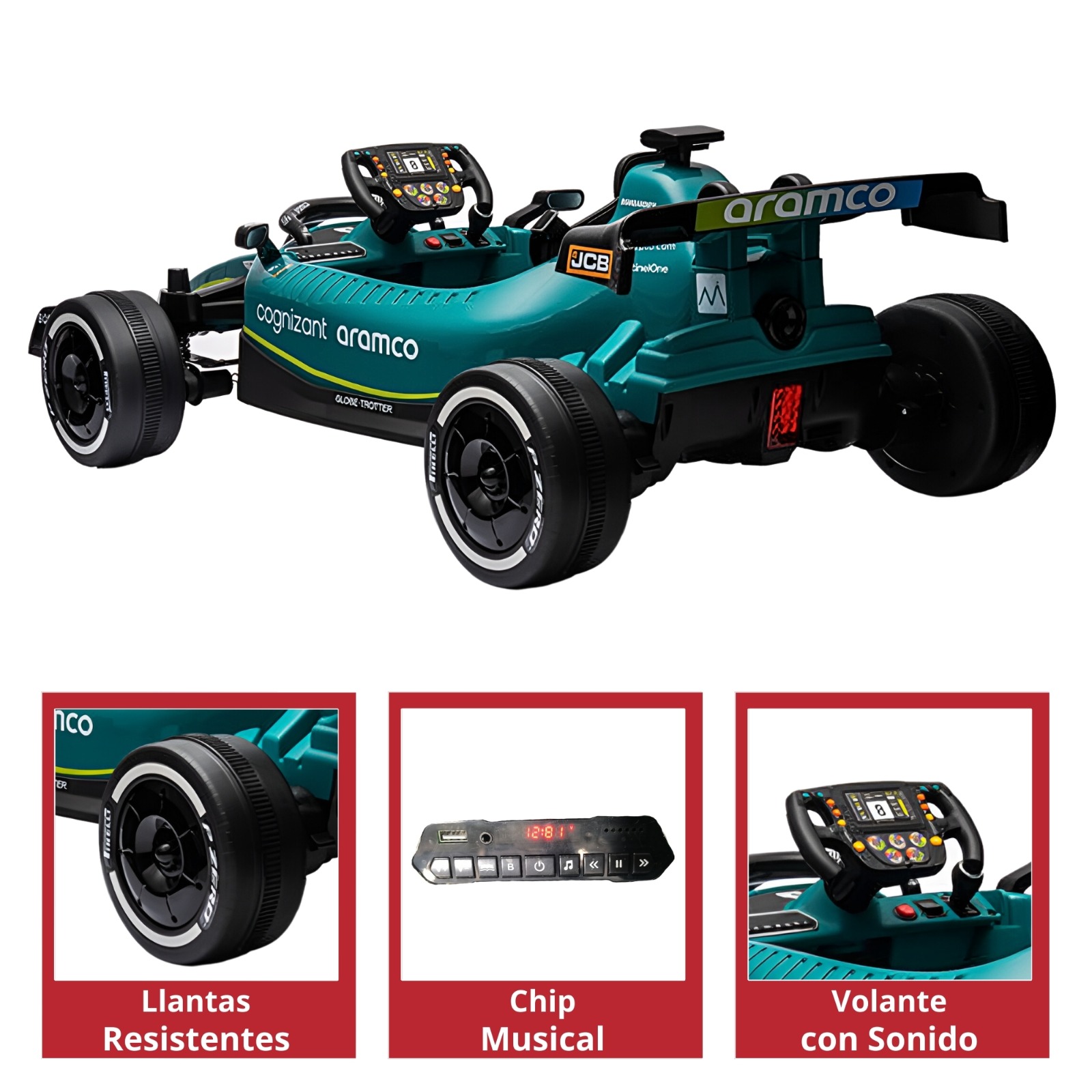 Montable Electrico para Niños Formula 1 Aston Martin F1 Racing Team Carro de Carreras Conexión Bluetooth, USB, Luz y Sonido con Control Remoto 12v