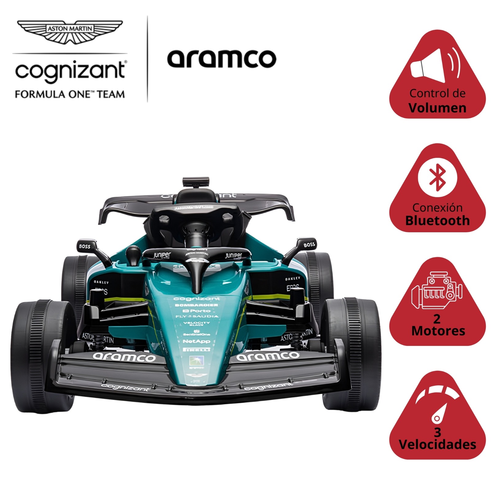 Montable Electrico para Niños Formula 1 Aston Martin F1 Racing Team Carro de Carreras Conexión Bluetooth, USB, Luz y Sonido con Control Remoto 12v
