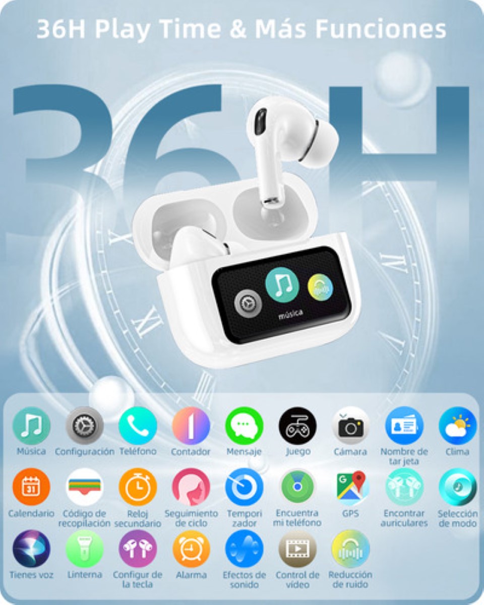 Smart Pantalla Audífonos Bluetooth 5.4 Anc Auriculares App negro
