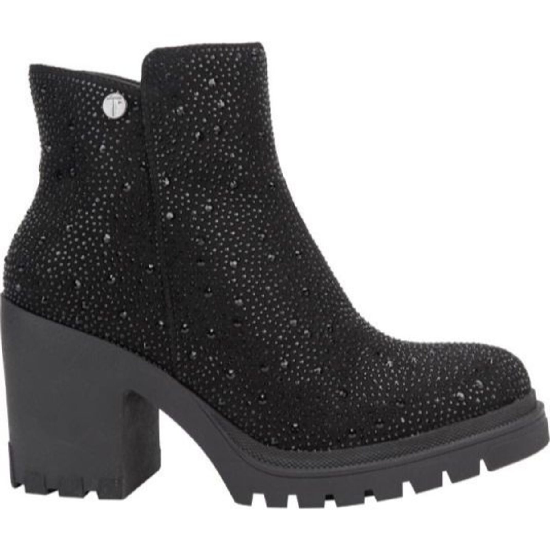 Botas para mujer, cortas, con acabado ante y pedrería, suela track, marca Thalia Sodi, color negro 1101025