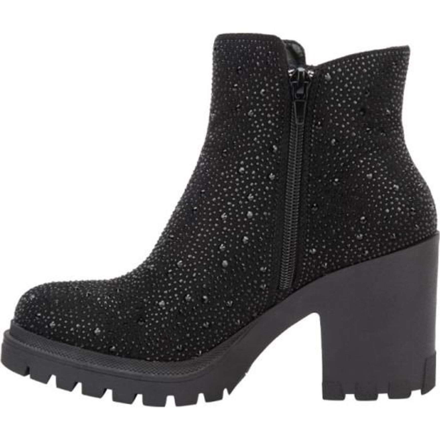 Botas para mujer, cortas, con acabado ante y pedrería, suela track, marca Thalia Sodi, color negro 1101025