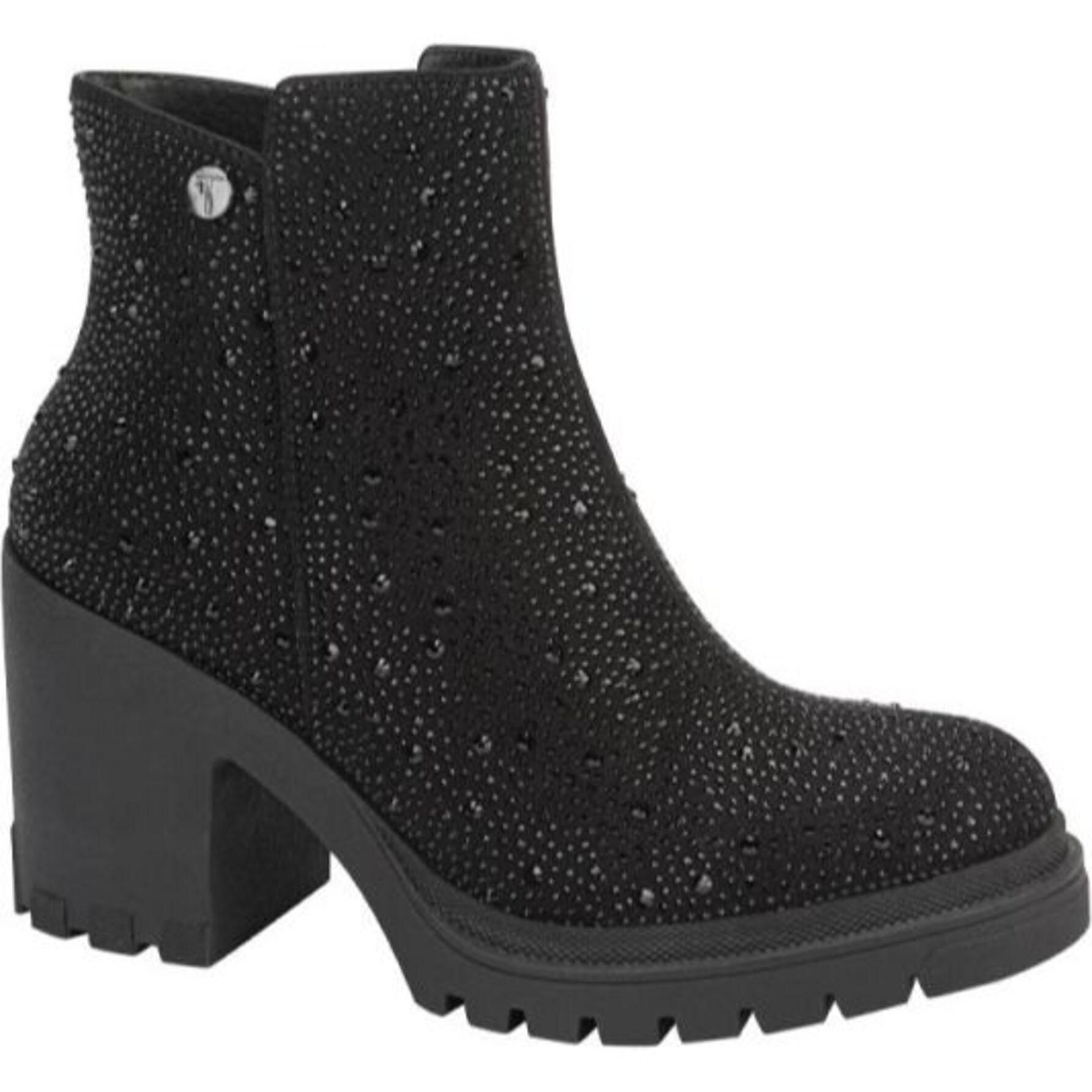 Botas para mujer, cortas, con acabado ante y pedrería, suela track, marca Thalia Sodi, color negro 1101025