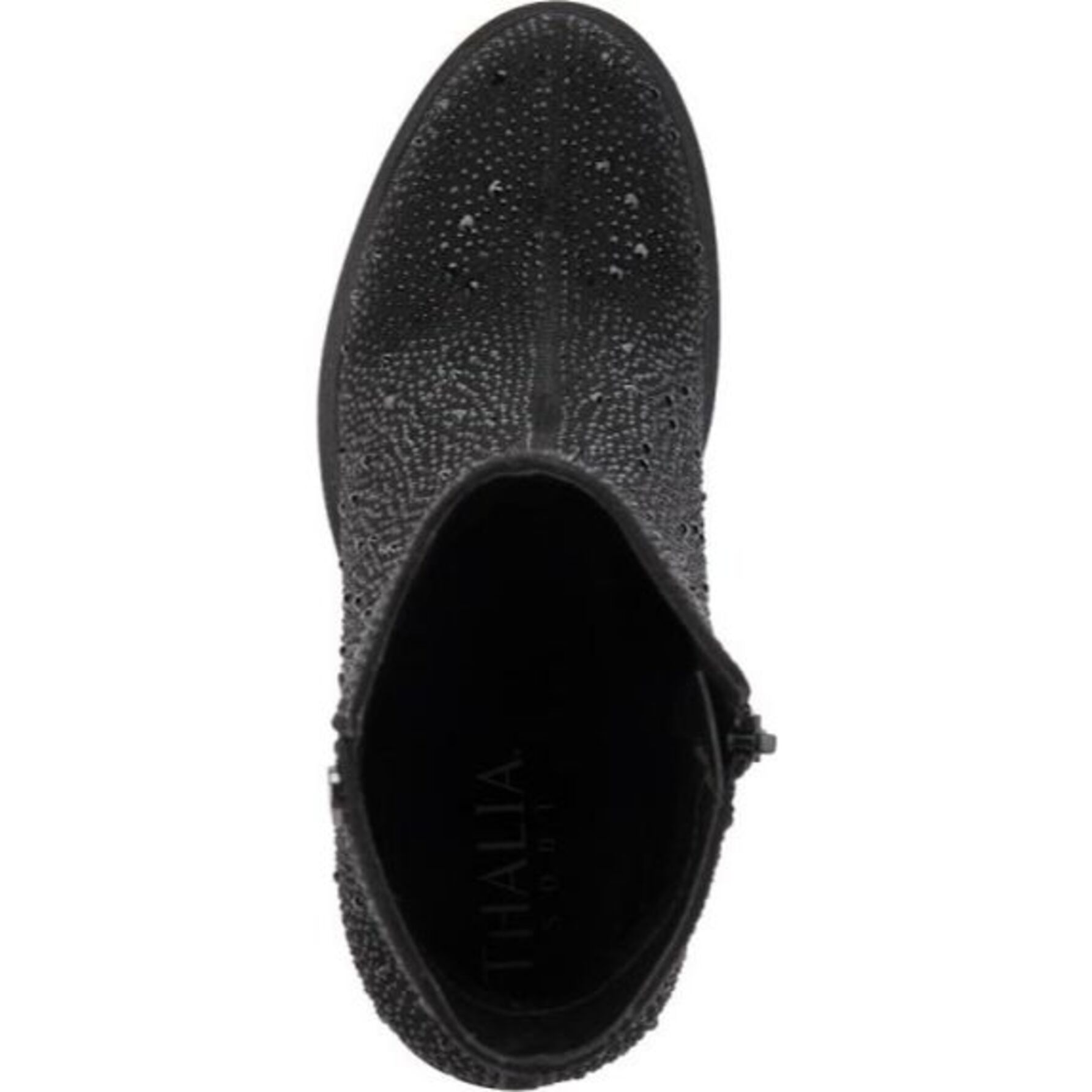 Botas para mujer, cortas, con acabado ante y pedrería, suela track, marca Thalia Sodi, color negro 1101025