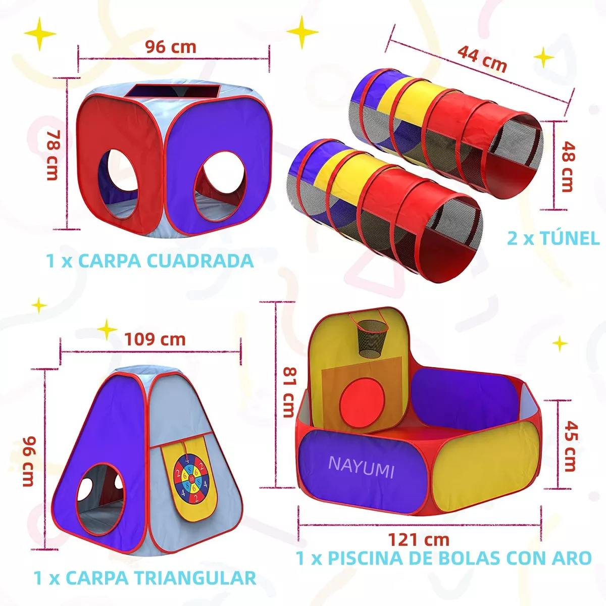 Tienda Infantil Con Túnel De Gateo Y Piscina De Bolas – Set De 3 Piezas Plegable, Poliéster Resistente, Ideal Para Jardín Y Fiestas (0-10 Años)