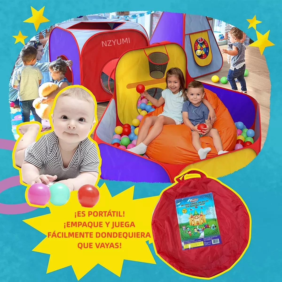 Túnel Infantil Plegable para Niños con Alberca de Pelotas Tienda Carpa Casita Castillo 7 en 1 Juguetes