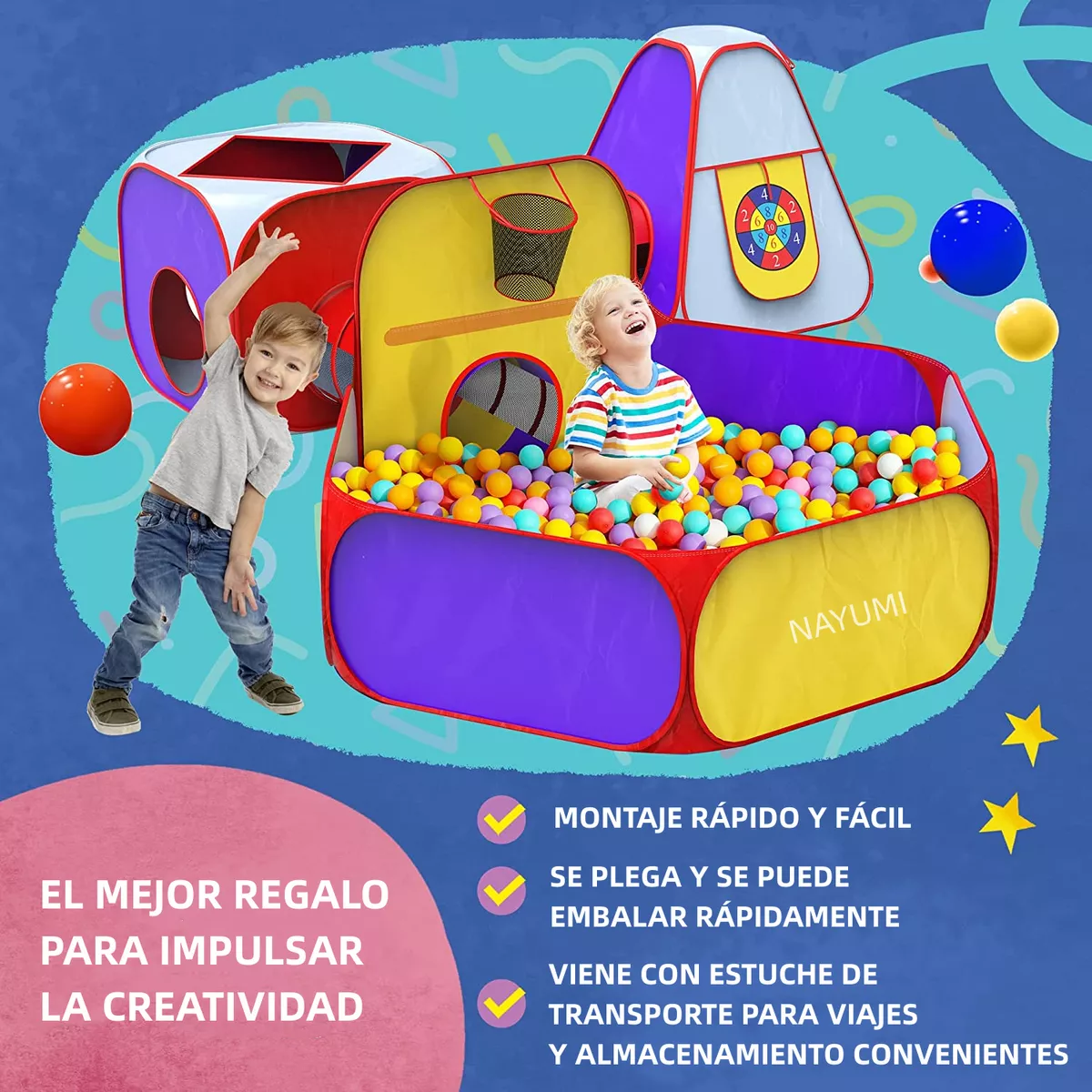 Túnel Infantil Plegable para Niños con Alberca de Pelotas Tienda Carpa Casita Castillo 7 en 1 Juguetes