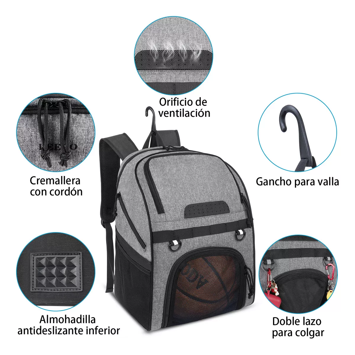 Mochila Deportiva Compartimentos Para Zapatos, Baloncesto Gris
