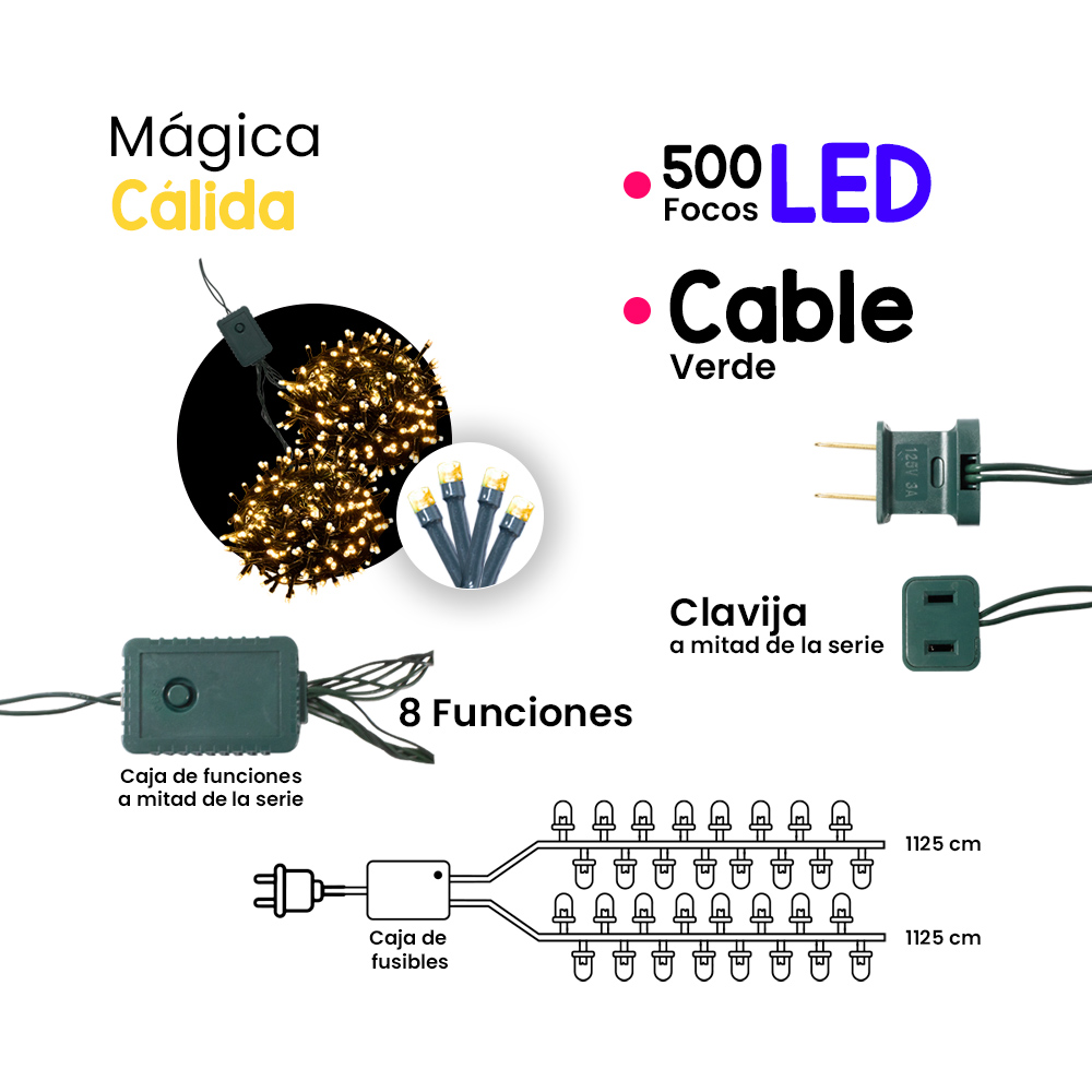 Serie de Luces Navideña 400 Led Luz Calida 8 Funciones 18 Metros Cable Transparente