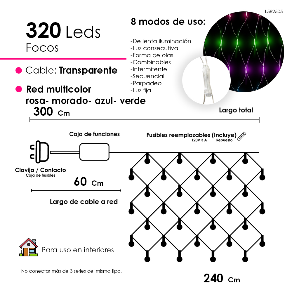 Serie tipo Red Luces LED Multicolor 320 focos cable Transparente 8 Funciones 300cm