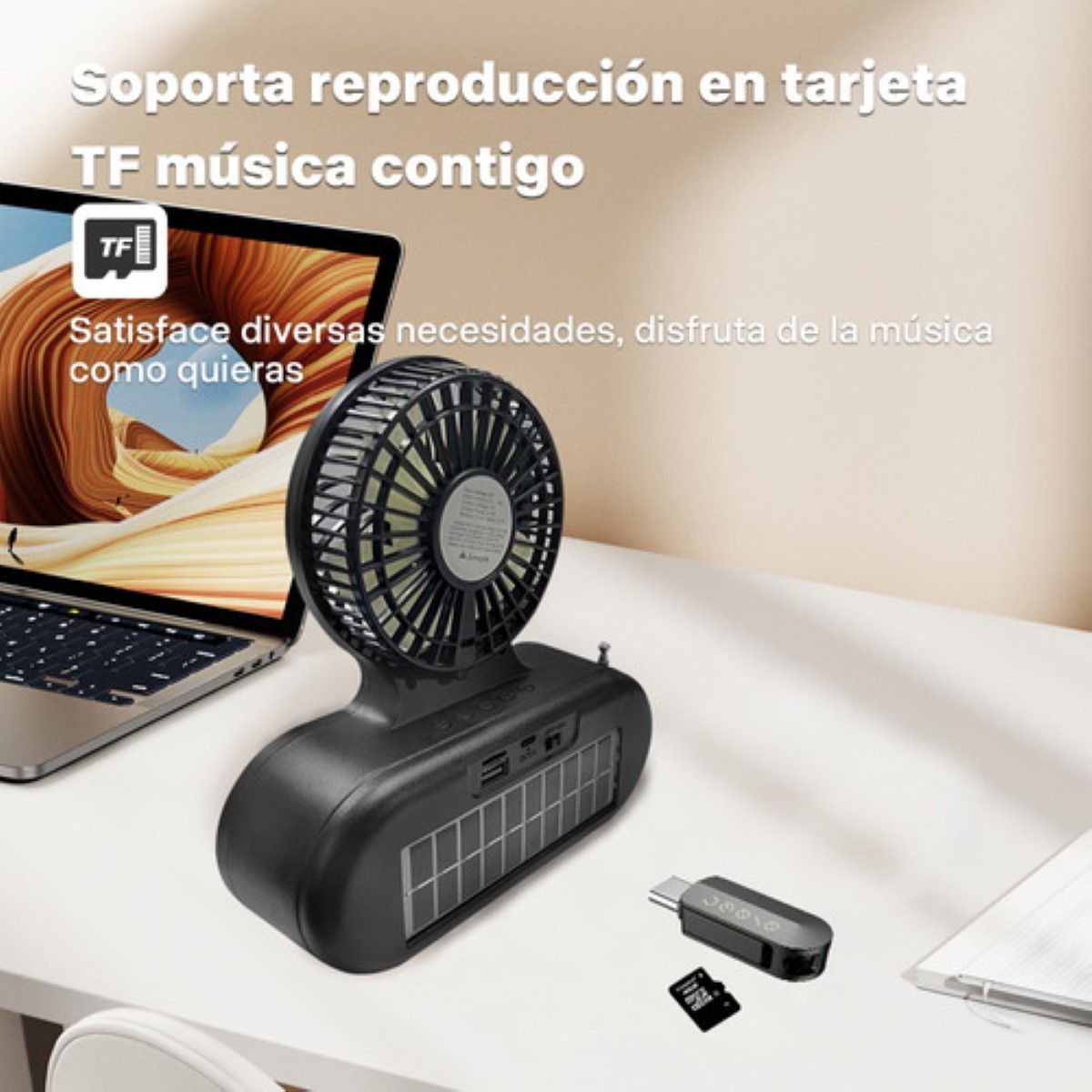 Bocina Bluetooth Solar Con Lámpara Y Ventilador negro