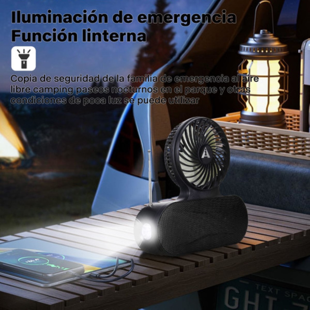 Bocina Bluetooth Solar Con Lámpara Y Ventilador negro