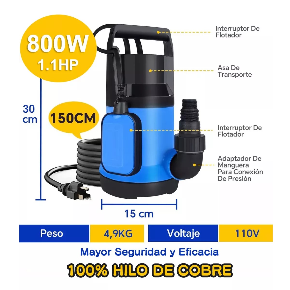 Bomba Sumergible 1.1hp Agua Limpia De 800w