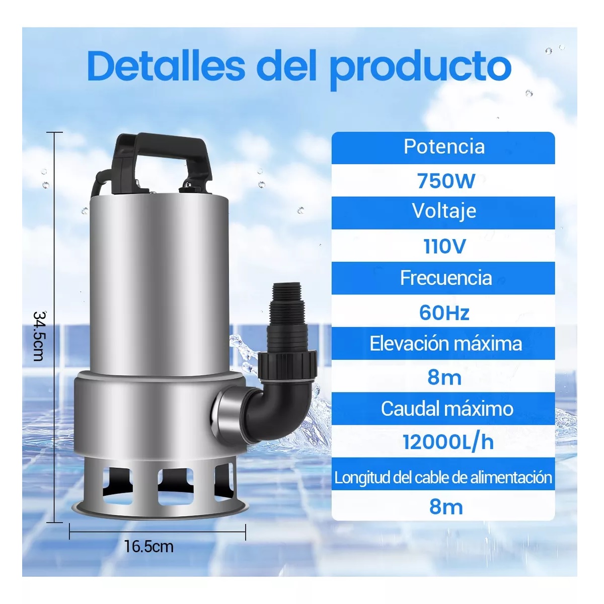 Bomba Sumergible Agua Sucia 1hp Uso Rudo 110v Con Línea 8m