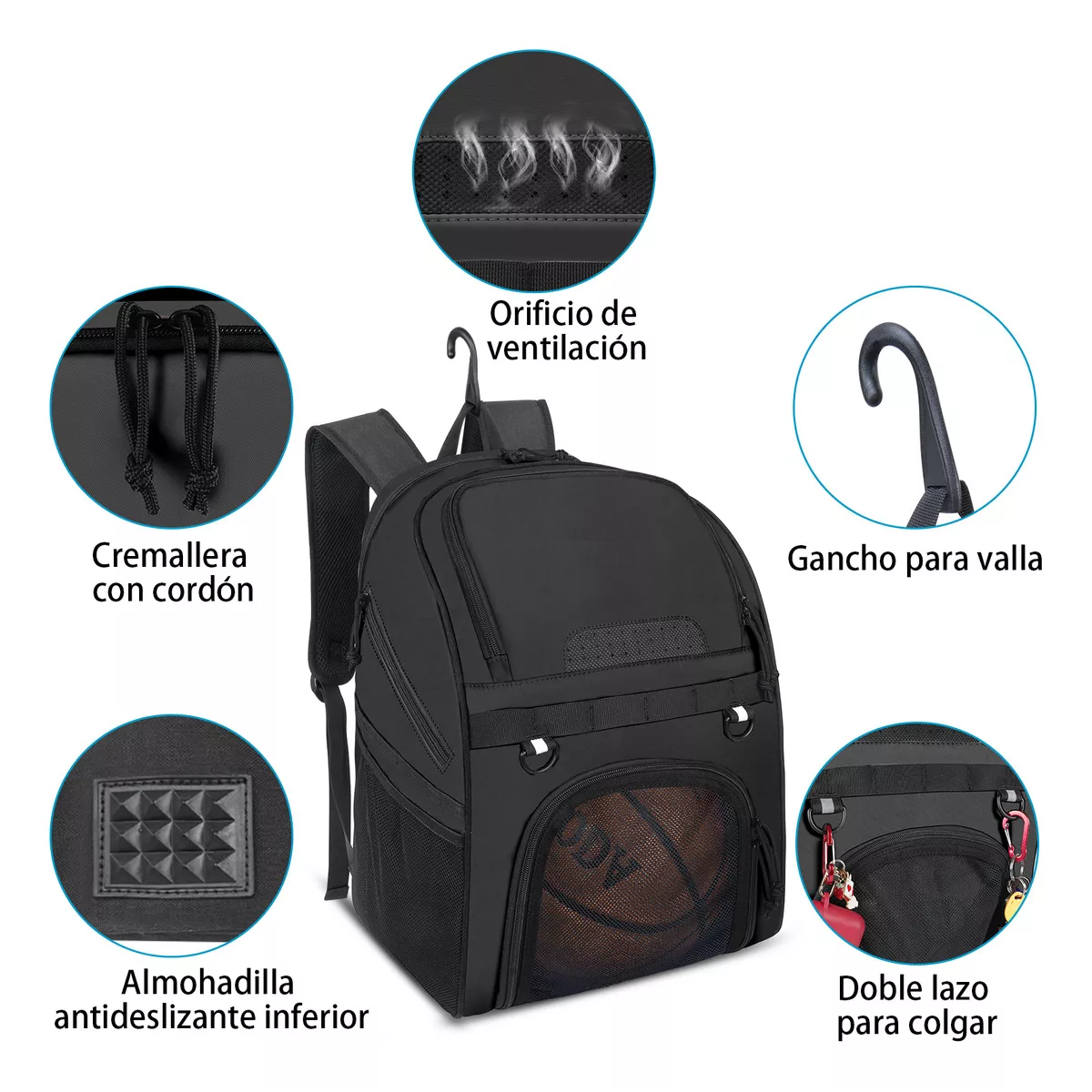 Mochila Deportiva Compartimentos Para Zapatos, Baloncesto Negro