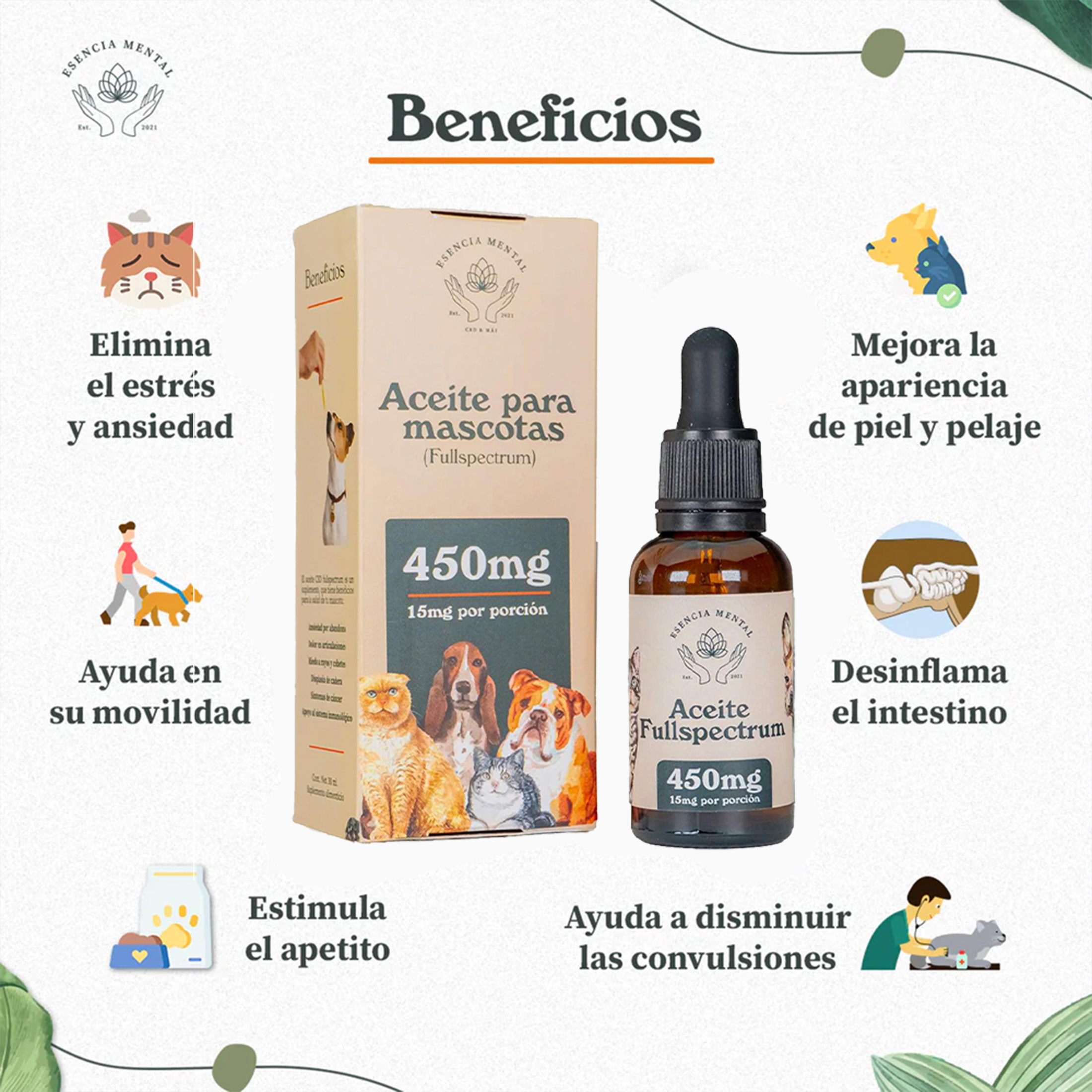 Aceite relajante para mascotas |  Formula fullspectrum | 450 mg | 30 ml | Esencia Mental