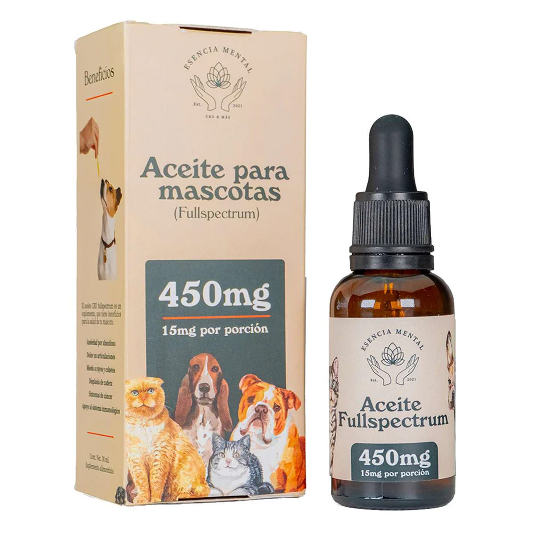 Aceite relajante para mascotas |  Formula fullspectrum | 450 mg | 30 ml | Esencia Mental