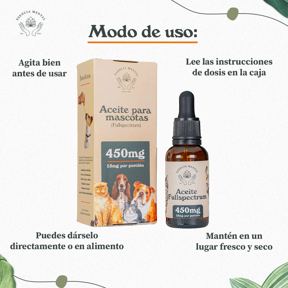 Aceite relajante para mascotas |  Formula fullspectrum | 450 mg | 30 ml | Esencia Mental