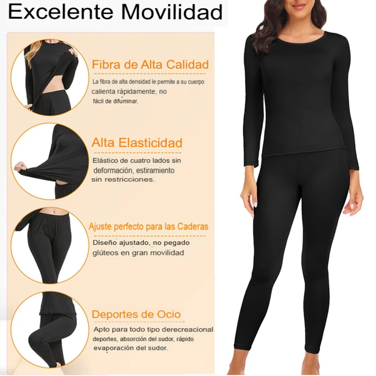 Ropa interior térmica mujer M negro pantalón blusa largos Tiempo frío conjunto completo uso diario