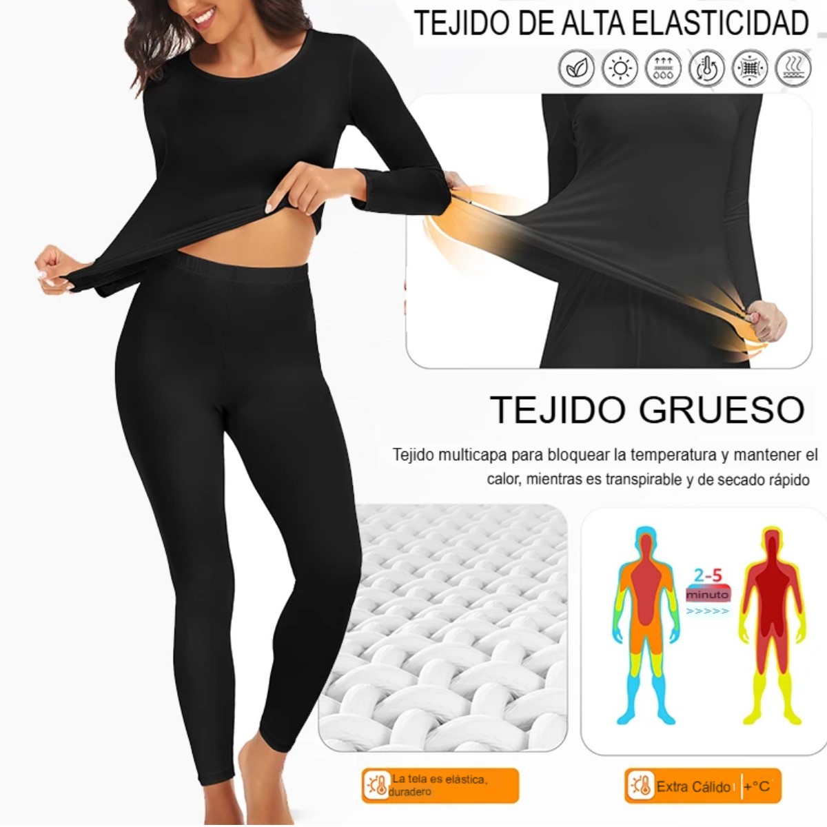 Ropa interior térmica mujer M negro pantalón blusa largos Tiempo frío conjunto completo uso diario
