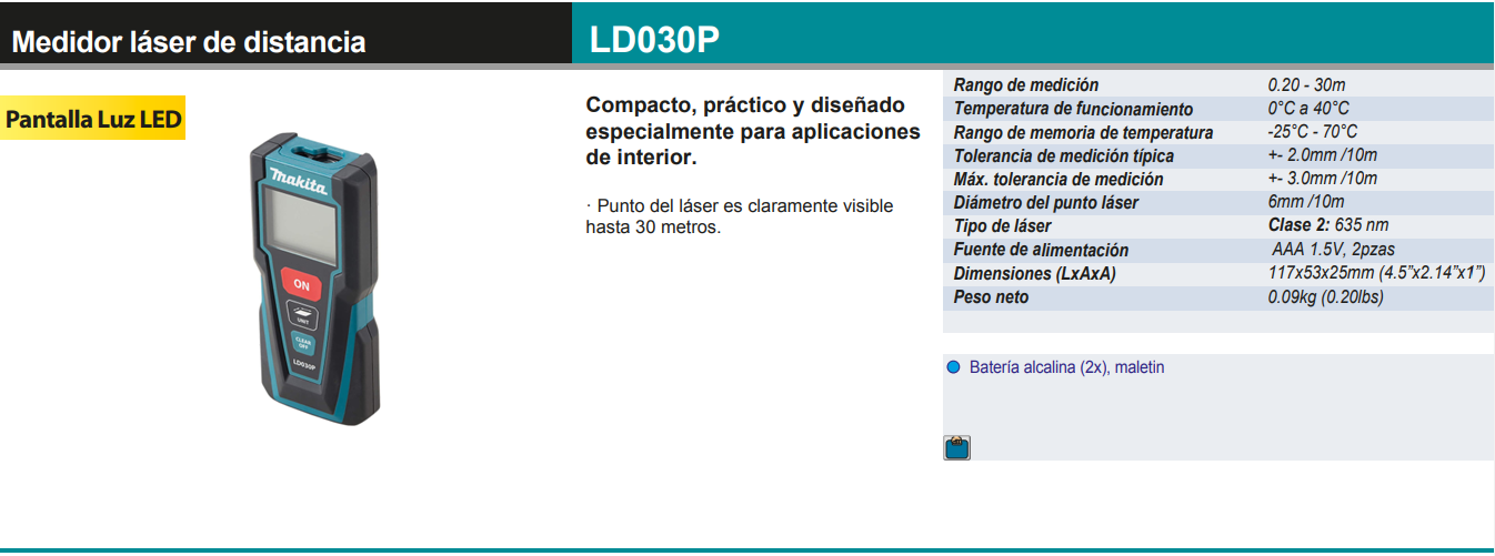 TELEMETRO MEDIDOR LASER 30 MTS LD030P MAKITA