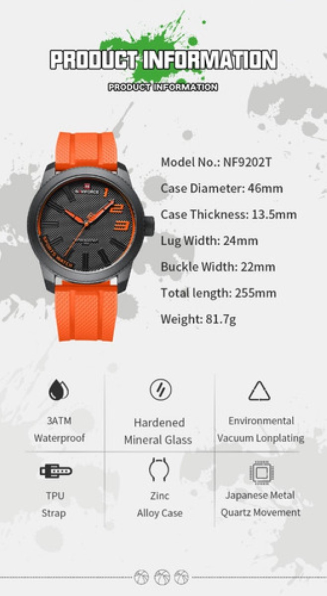 Reloj Deportivo Impermeable De Silicona Para Hombre naranja negro