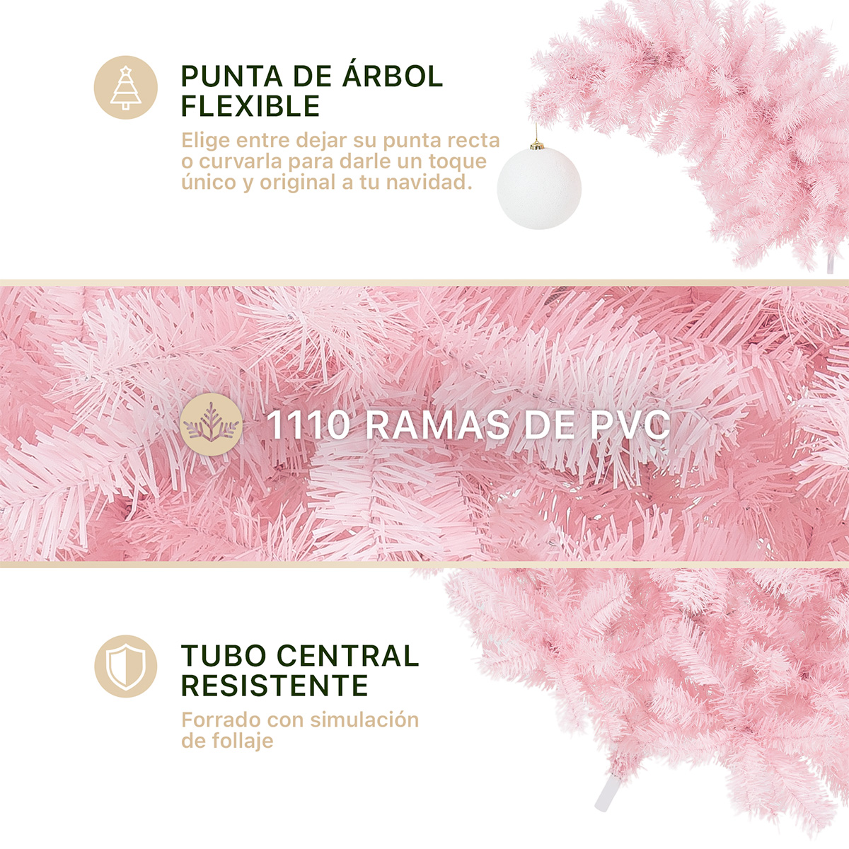 Árbol de Navidad Gorro de Santa con Punta Flexible + Esfera 1.8 Rosa para ESQUIMAL