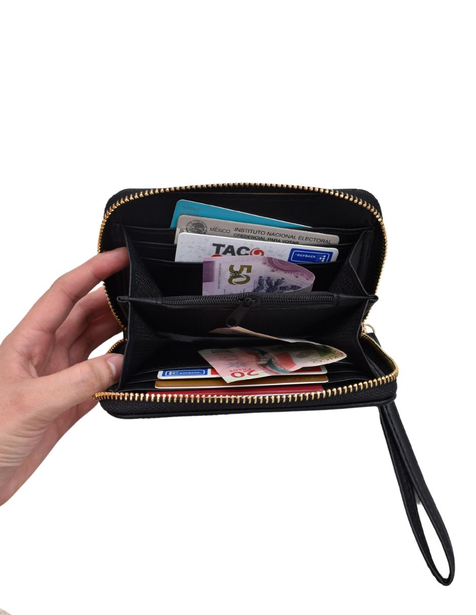 Cartera Rectangular Capitonado Negro Con Correa Para Muñeca 
