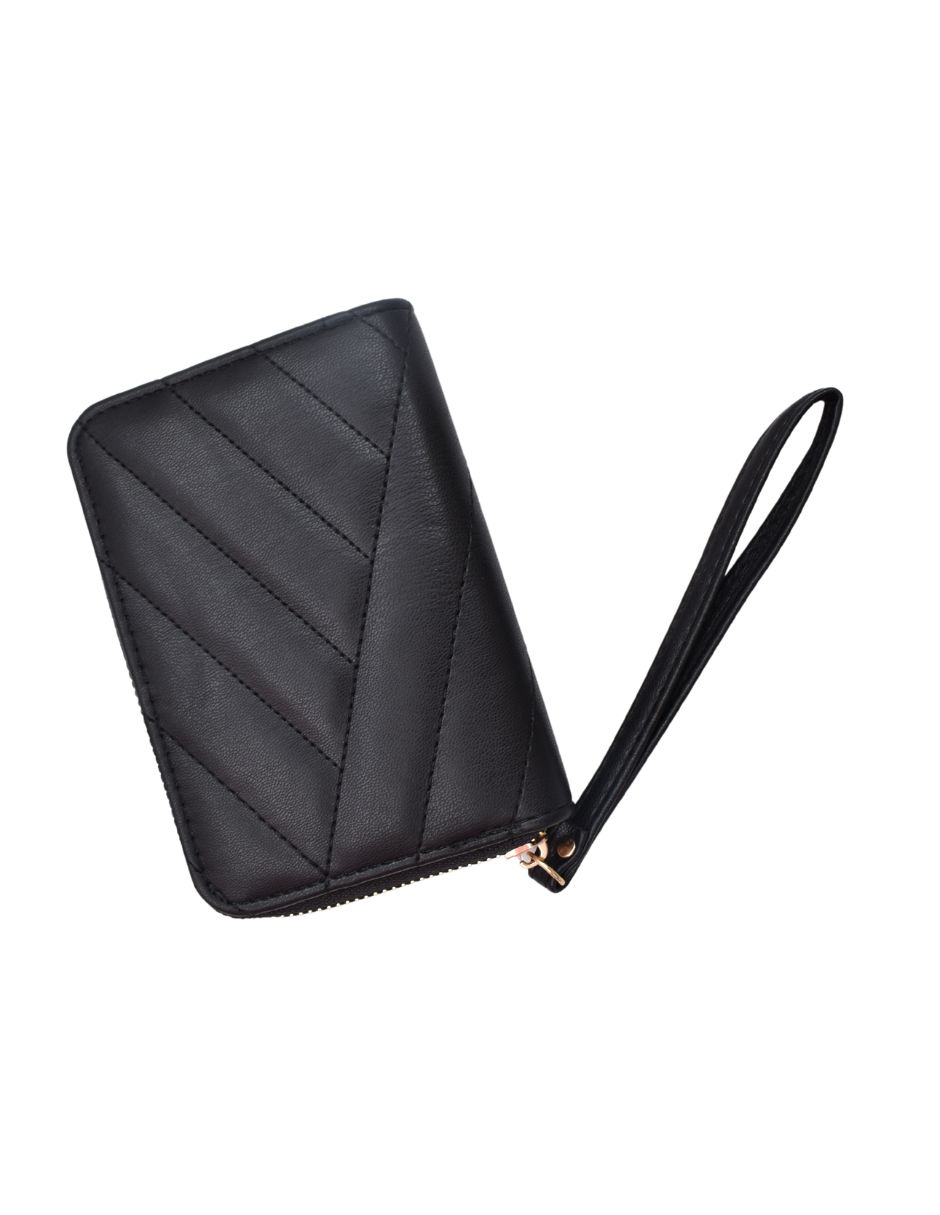 Cartera Rectangular Capitonado Negro Con Correa Para Muñeca 