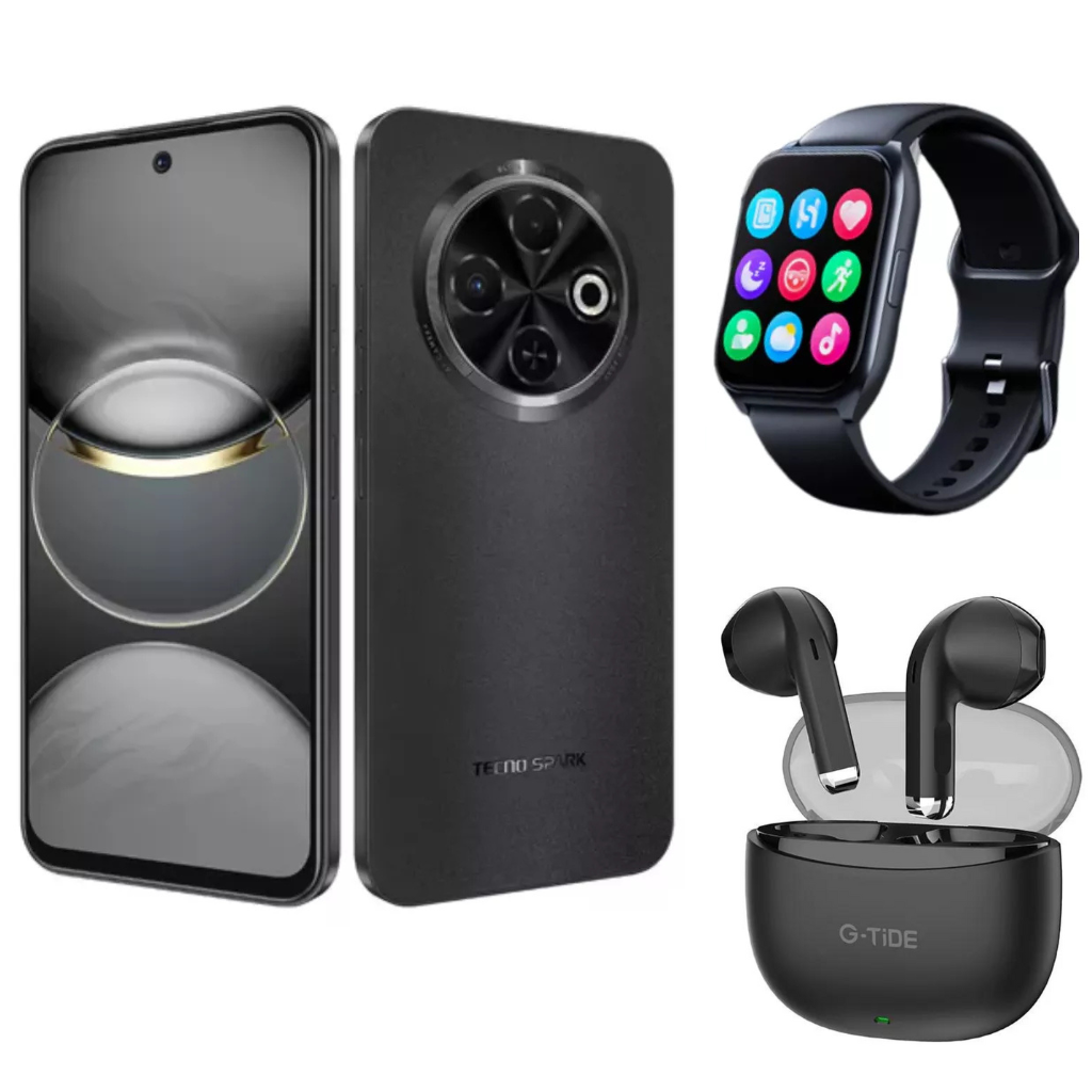 Celular Tecno Spark 30C Dual Sim 256gb/8Gb Ram Negro +Audífonos  G-tide L21 + Smartwatch Filwans GTS Mini