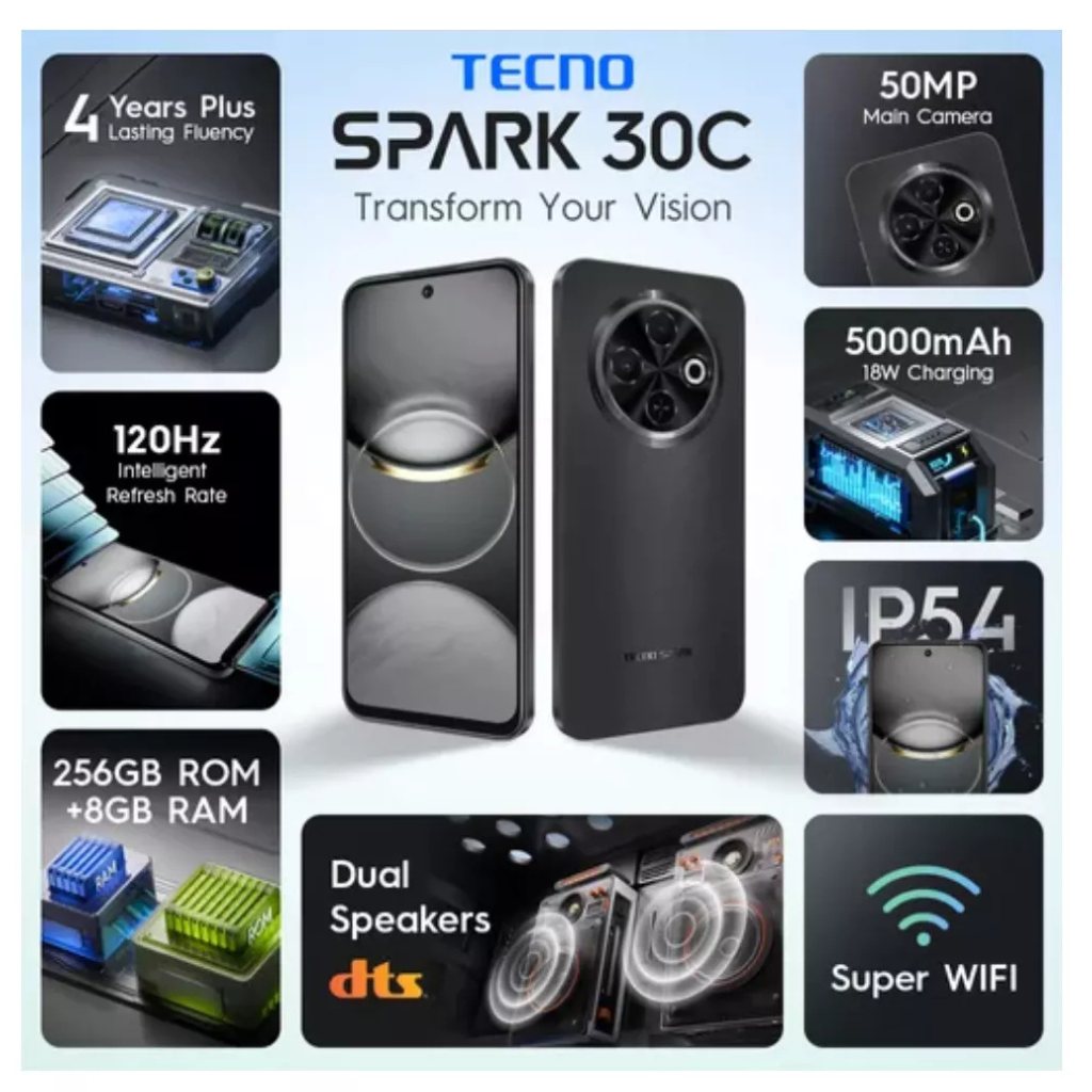 Celular Tecno Spark 30C Dual Sim 256gb/8Gb Ram Negro +Audífonos  G-tide L21 + Smartwatch Filwans GTS Mini