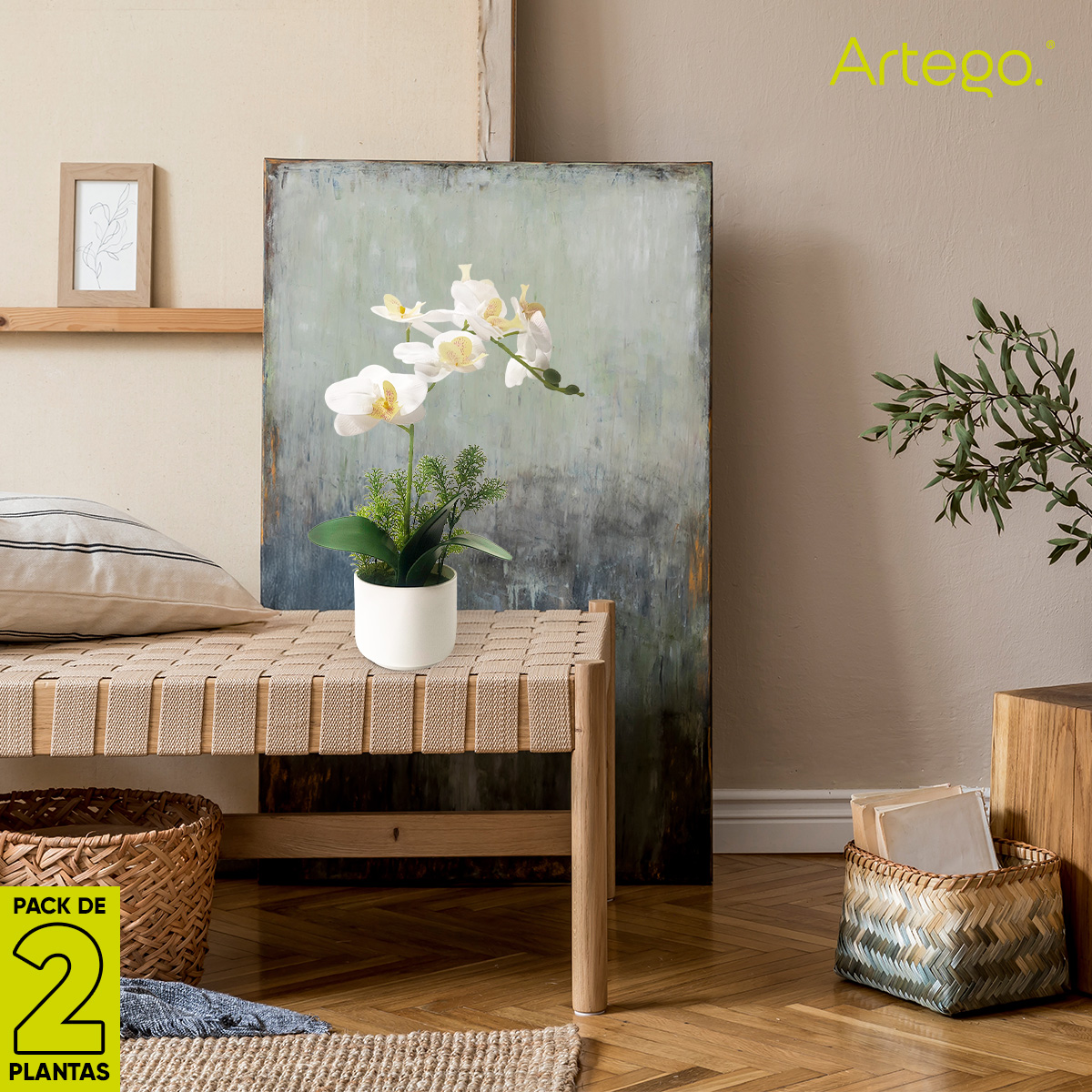 Planta artificial moderna con maceta decorativa Real Style Orquídea Compacta Pack de 2 unidades de 40cm de alto Artego para hogar sala comercio oficina Novia