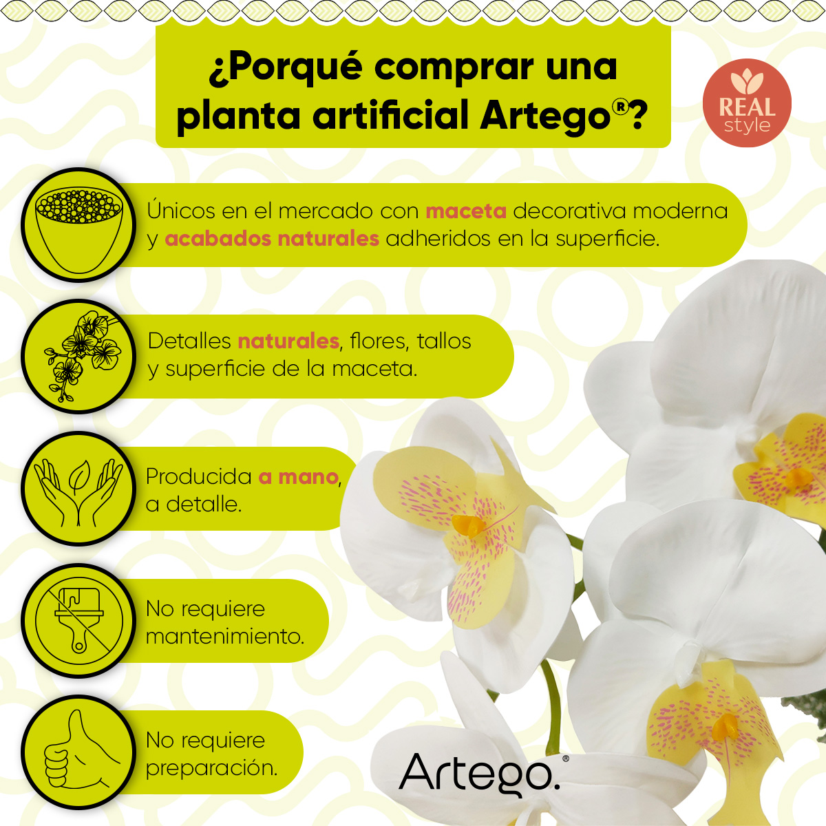 Planta artificial moderna con maceta decorativa Real Style Orquídea Compacta Pack de 2 unidades de 40cm de alto Artego para hogar sala comercio oficina Novia