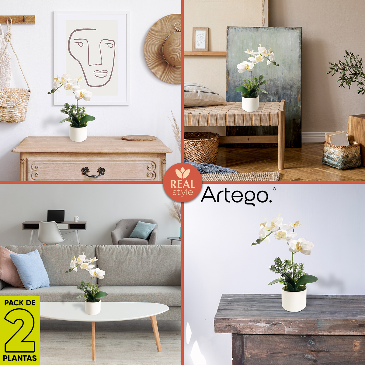 Planta artificial moderna con maceta decorativa Real Style Orquídea Compacta Pack de 2 unidades de 40cm de alto Artego para hogar sala comercio oficina Novia