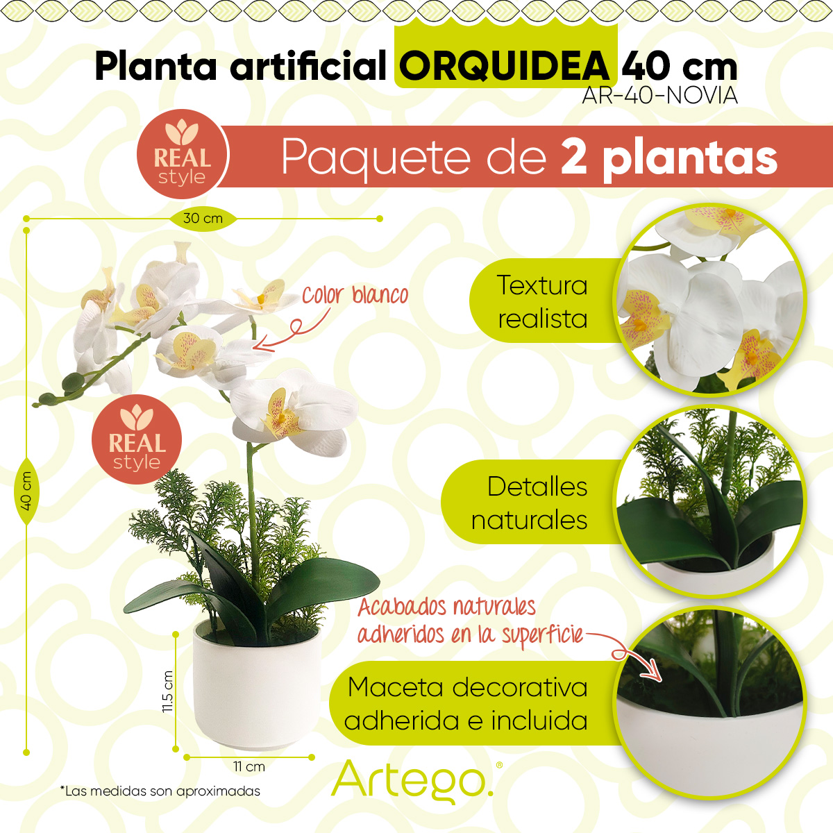 Planta artificial moderna con maceta decorativa Real Style Orquídea Compacta Pack de 2 unidades de 40cm de alto Artego para hogar sala comercio oficina Novia