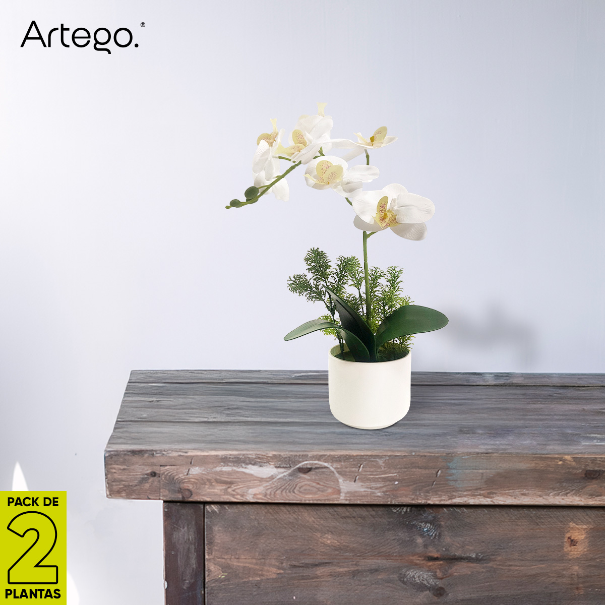Planta artificial moderna con maceta decorativa Real Style Orquídea Compacta Pack de 2 unidades de 40cm de alto Artego para hogar sala comercio oficina Novia