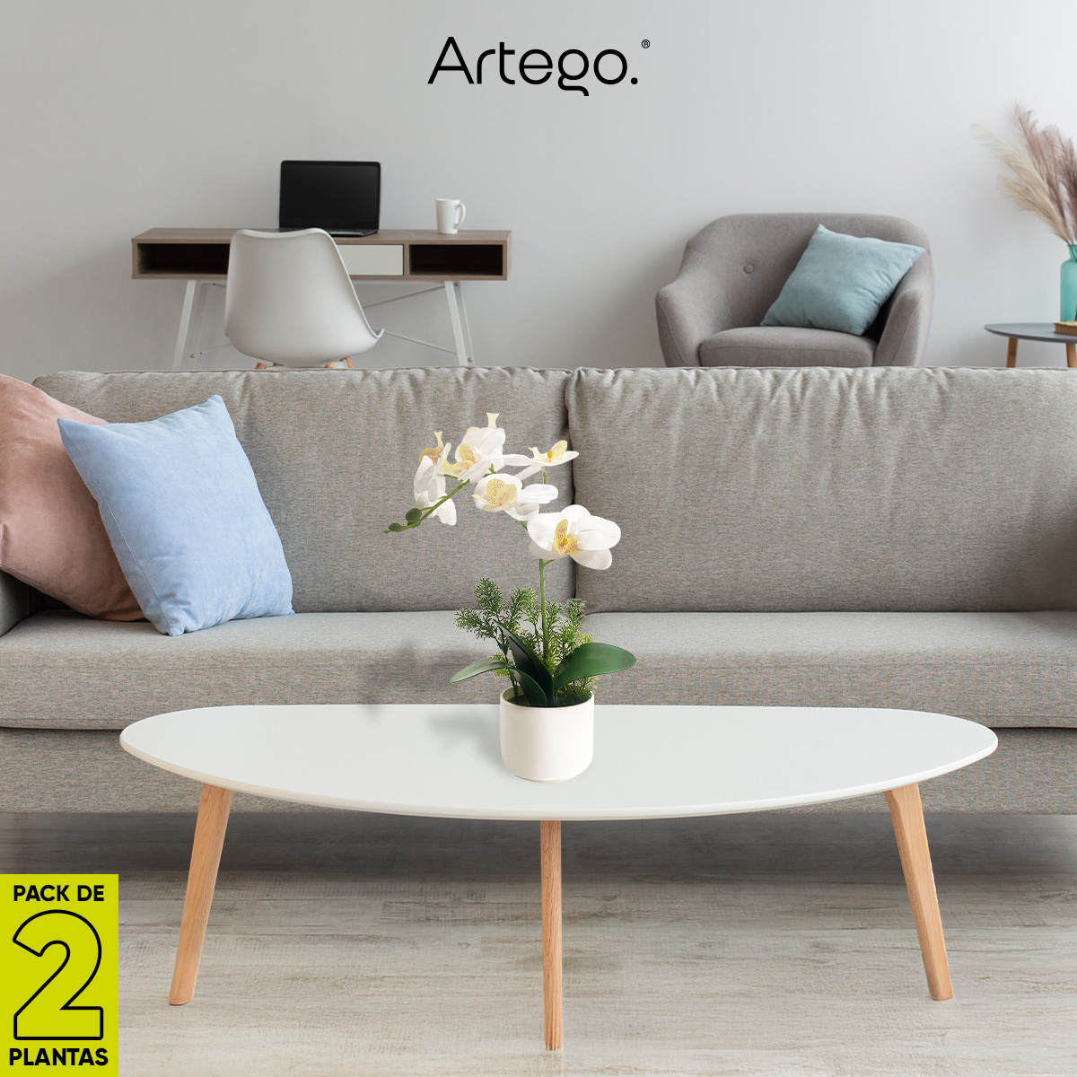 Planta artificial moderna con maceta decorativa Real Style Orquídea Compacta Pack de 2 unidades de 40cm de alto Artego para hogar sala comercio oficina Novia