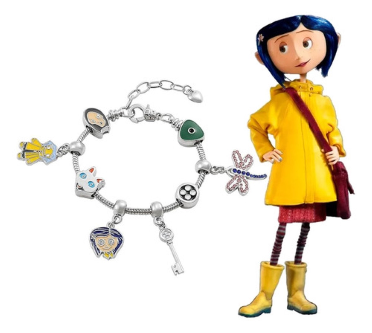 Pulsera Plateada Muñeca Coraline Libelula Gato Llave Boton plata