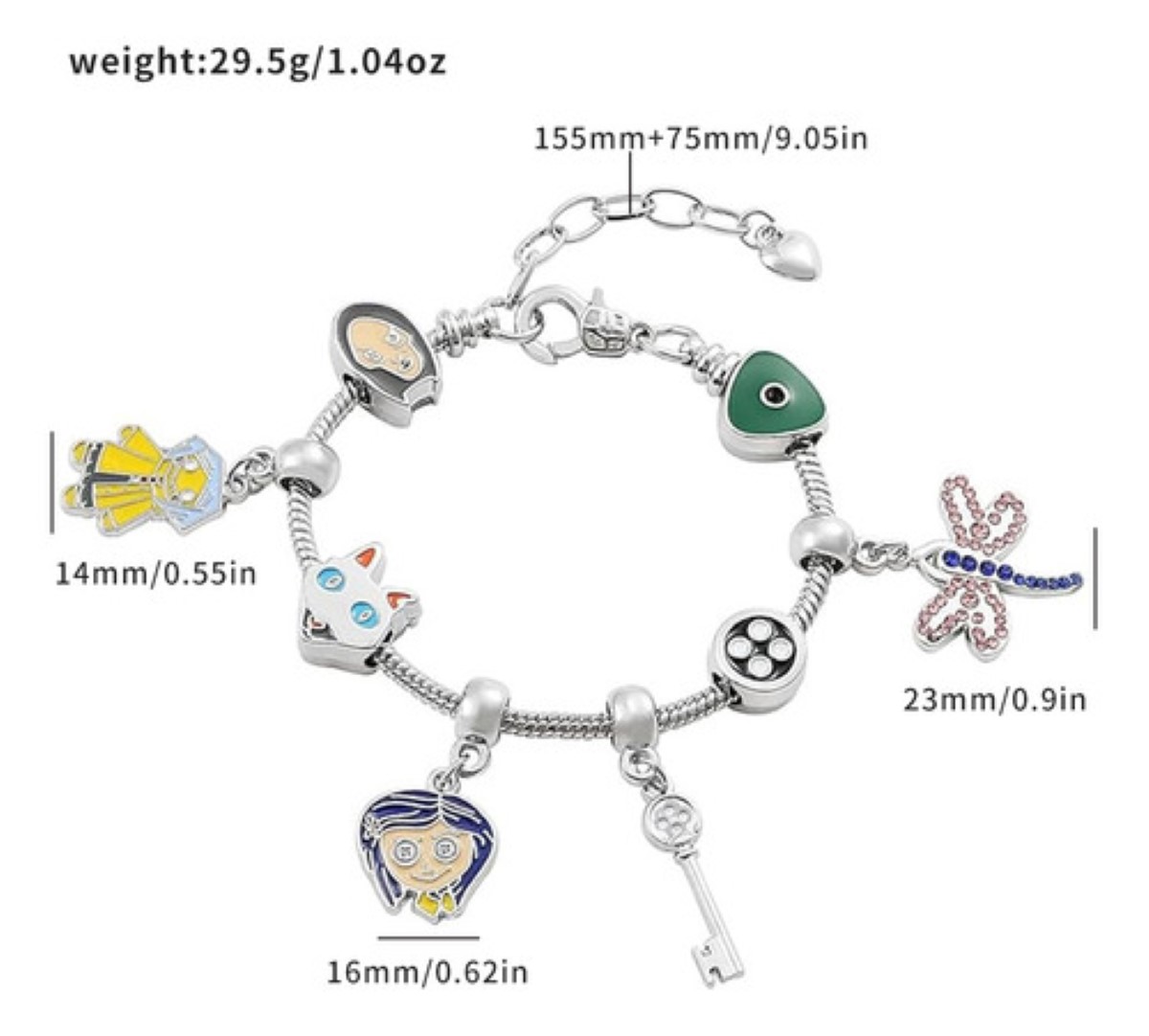 Pulsera Plateada Muñeca Coraline Libelula Gato Llave Boton plata