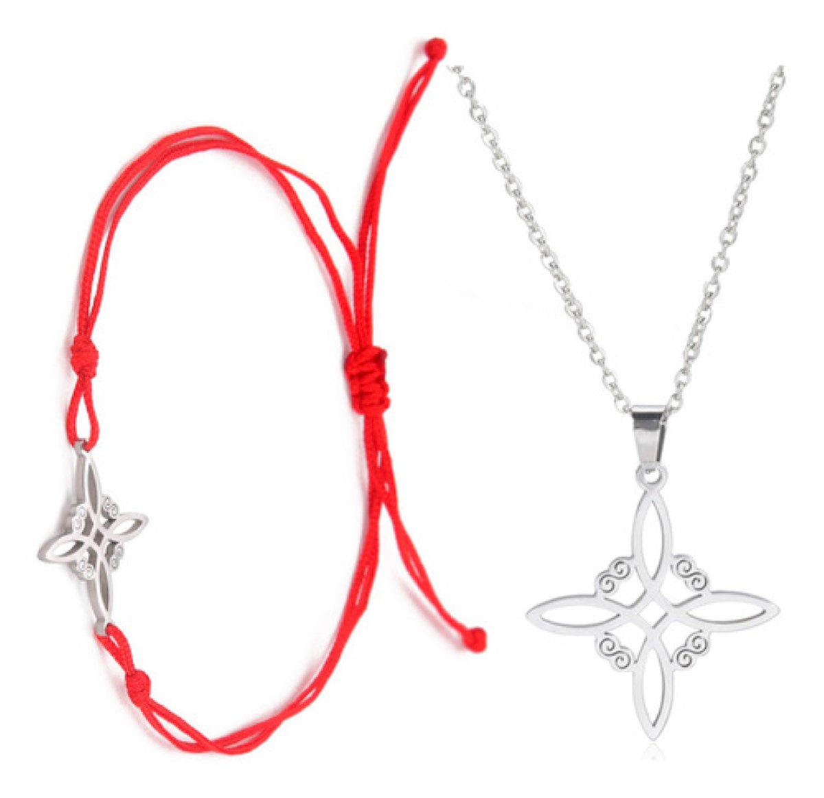 Nudo De Bruja 2pcs ,collar Y Pulsera Nudo De Bruja rojo plata