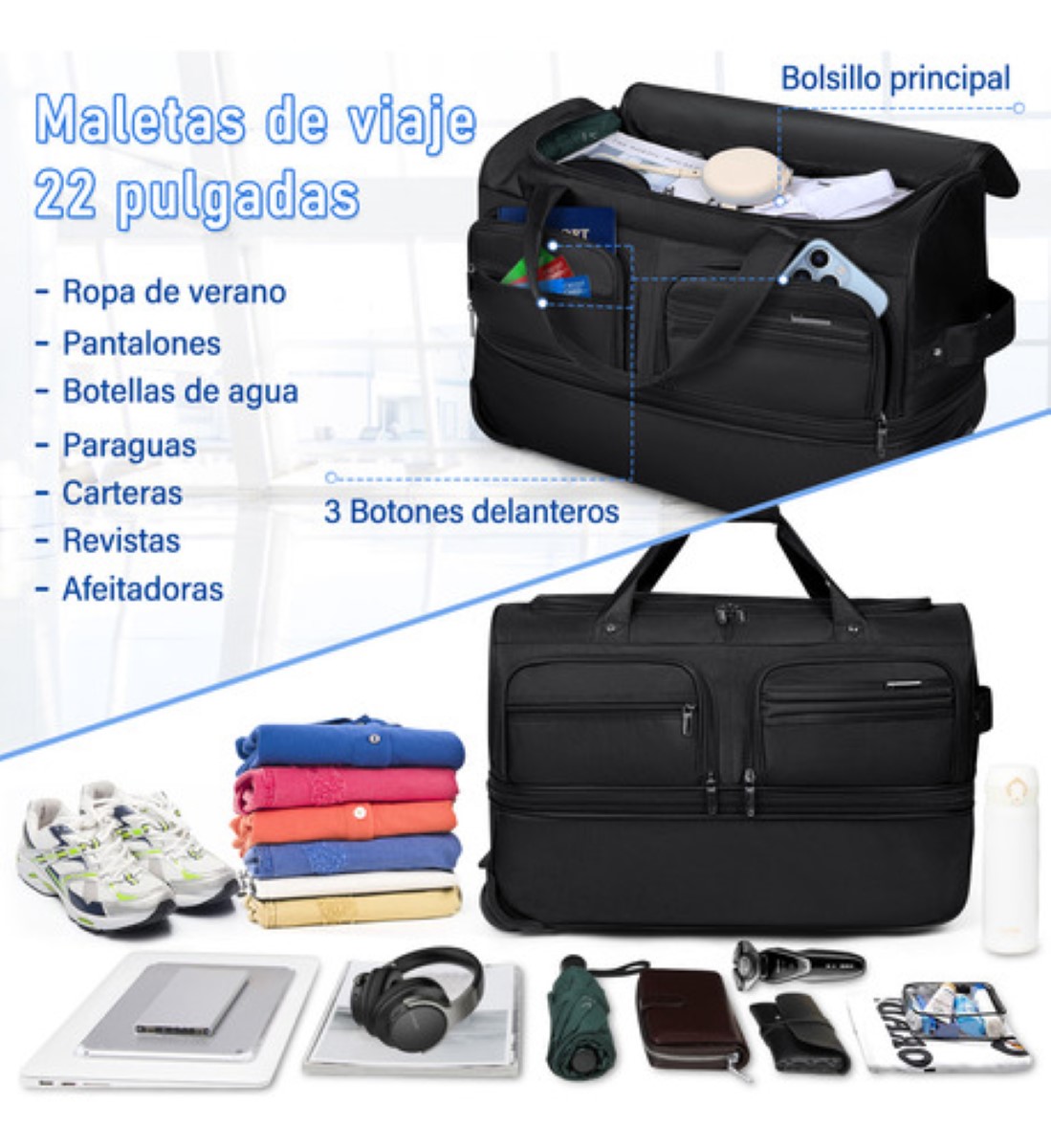 Maletas Viaje Con Ruedas Bolsa De Viaje Mujer 22 Pulgadas negro