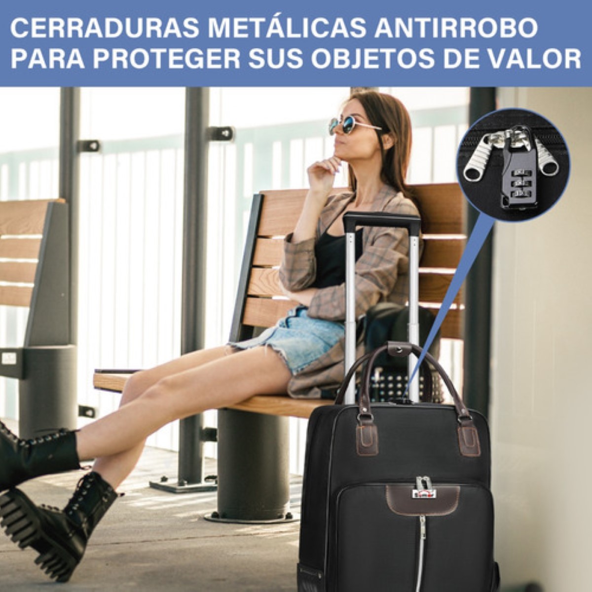 Maleta Mano De Viaje Bolsa Con Candado De Seguridad Cabina negro detalles cafe