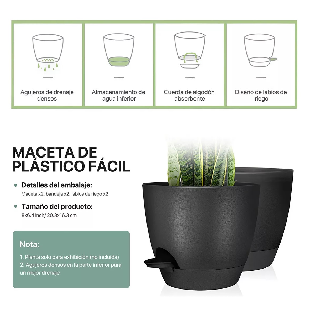 Macetas Moderna Minimalista Interior Exterior Plástico, 2pcs Negro