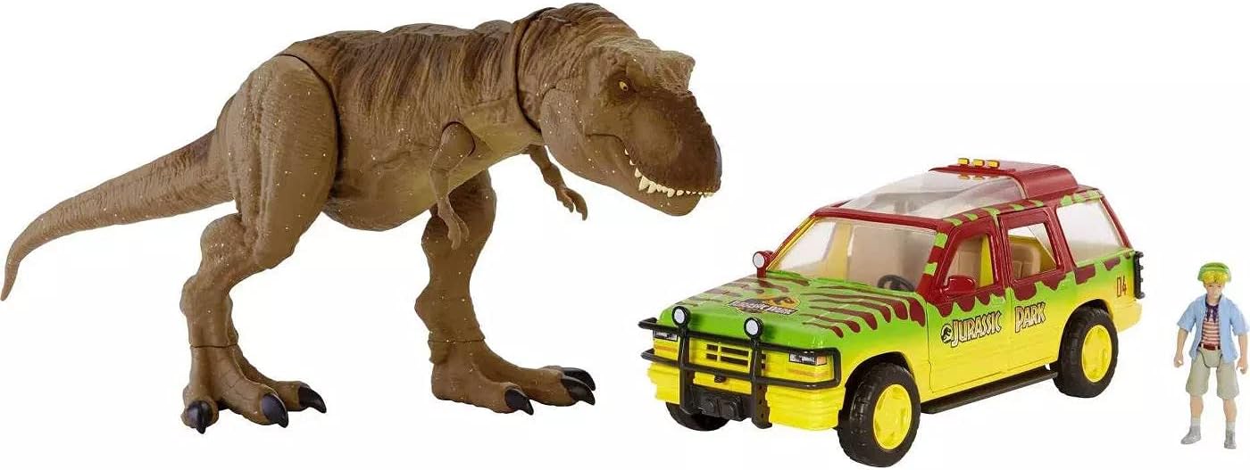 Tyrannosaurus Rex Escape Pack with Jurassic Park Ford Explorer 93 and Tim Action  MATTEL