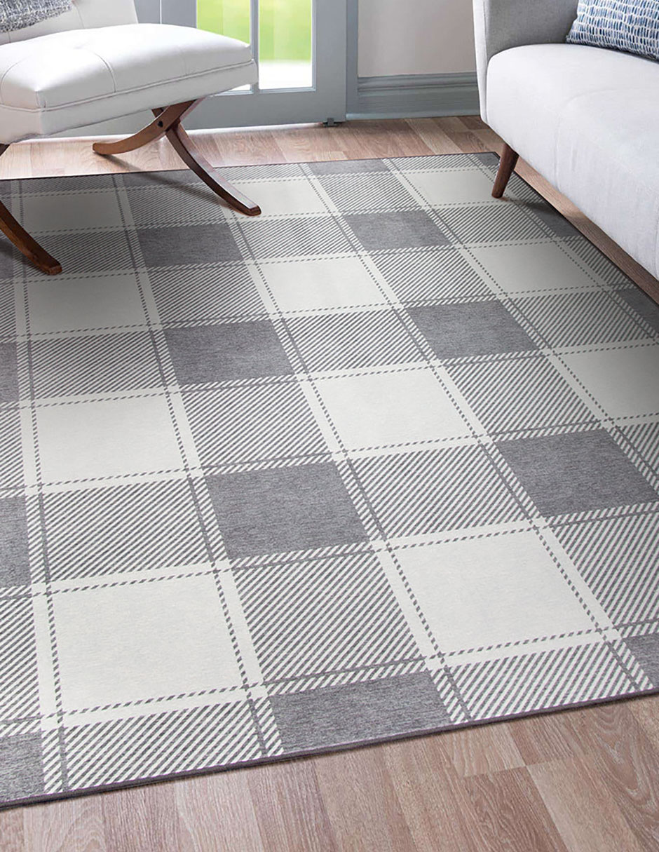 Tapete Alfombra Decorativo Lavable Cuadros Escoceses Gris y Blanco - Fine Art Tj