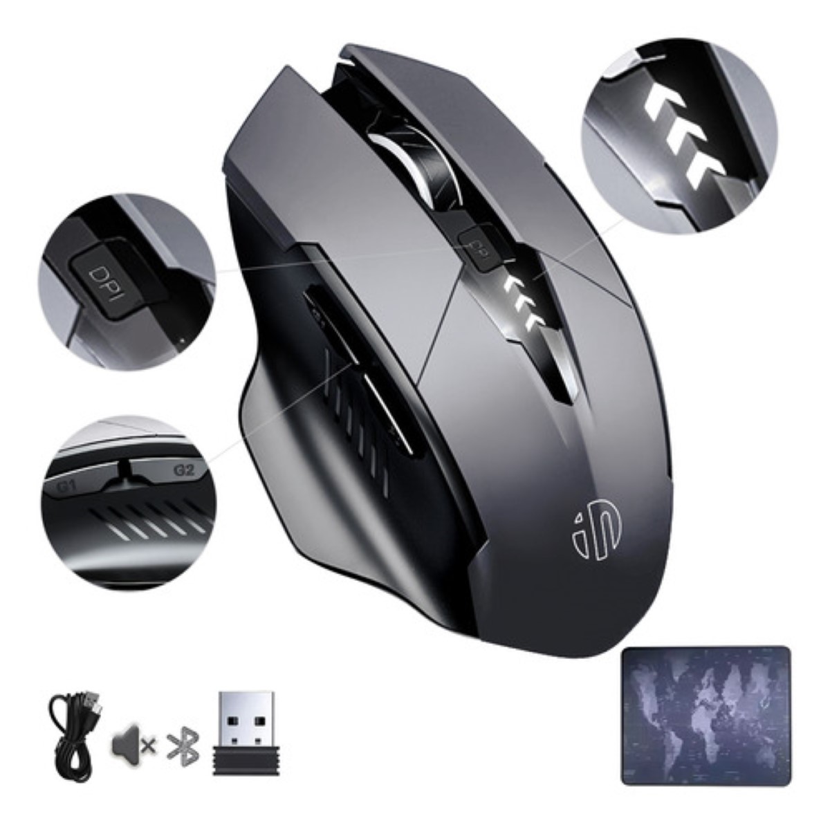 Mouse Inalámbrico Bluetooth Recargable Ergonomía 2.4g 3modos negro