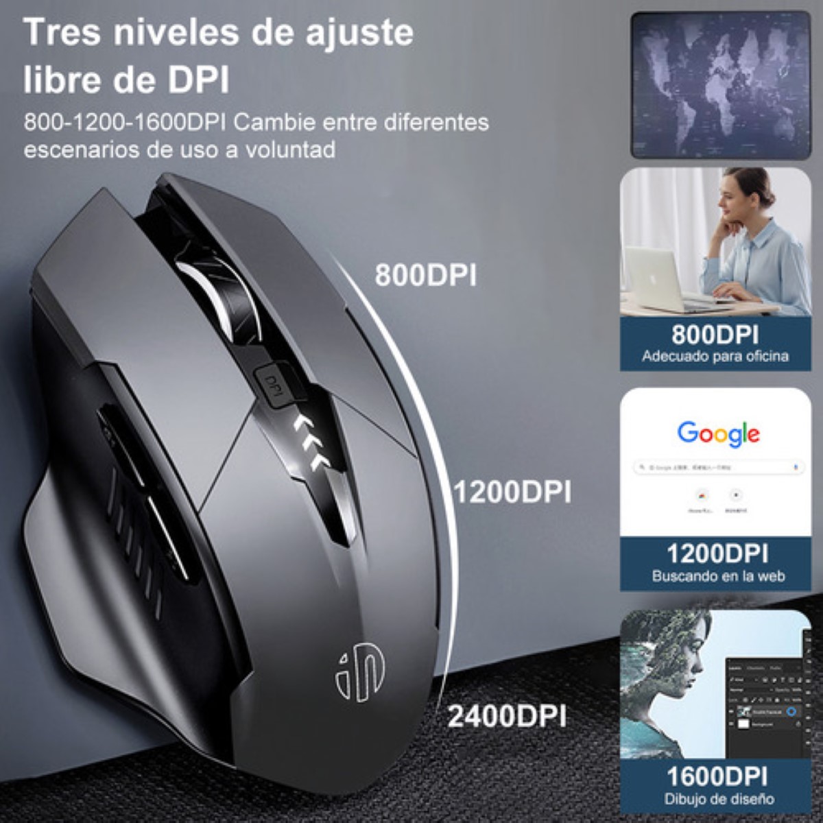 Mouse Inalámbrico Bluetooth Recargable Ergonomía 2.4g 3modos negro