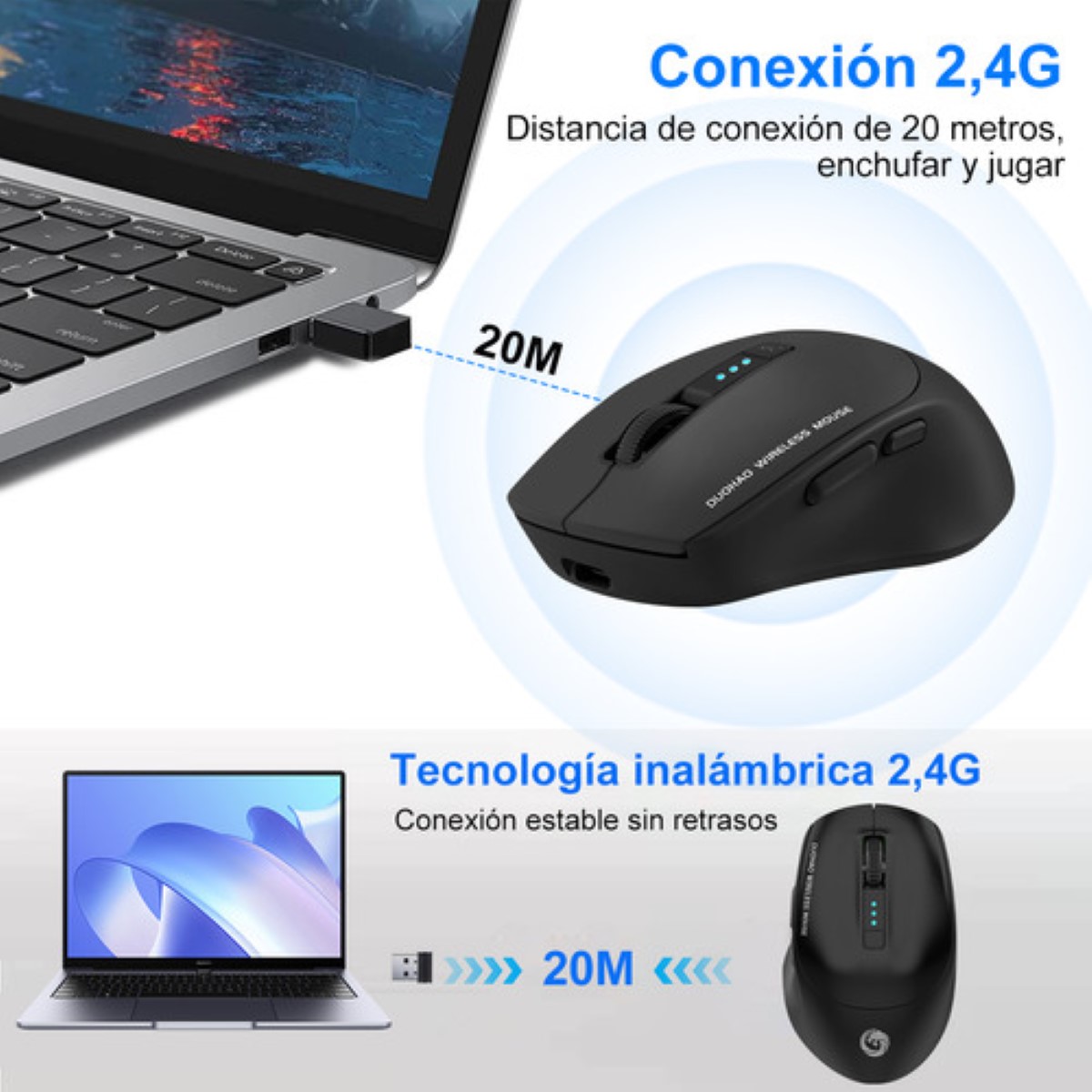 Mouse Inalámbrico Bluetooth Recargable Ergonomía 2.4g 3modos negro