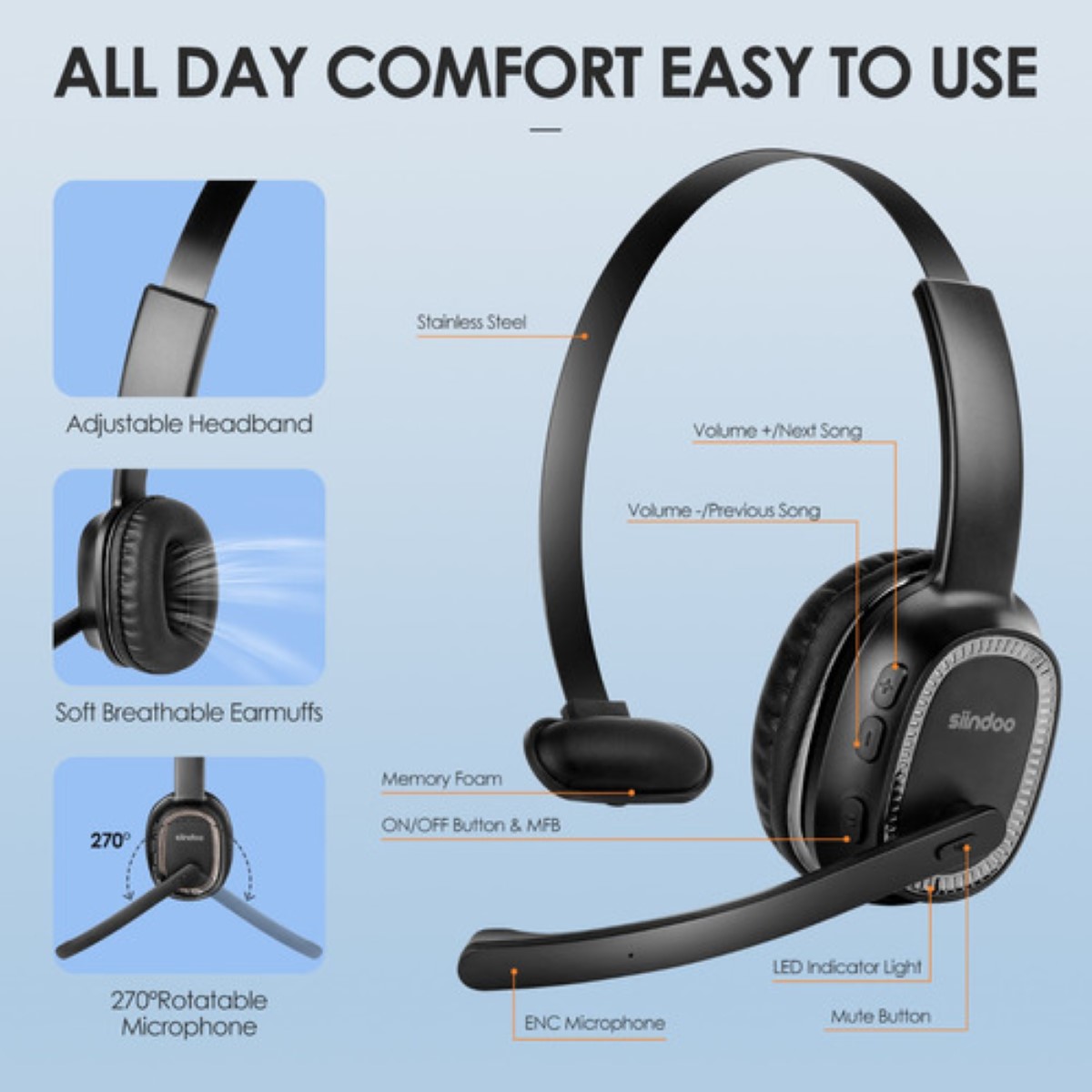 Audífonos De Diadema Manos Libres Bluetooth Tipo Call Center negro