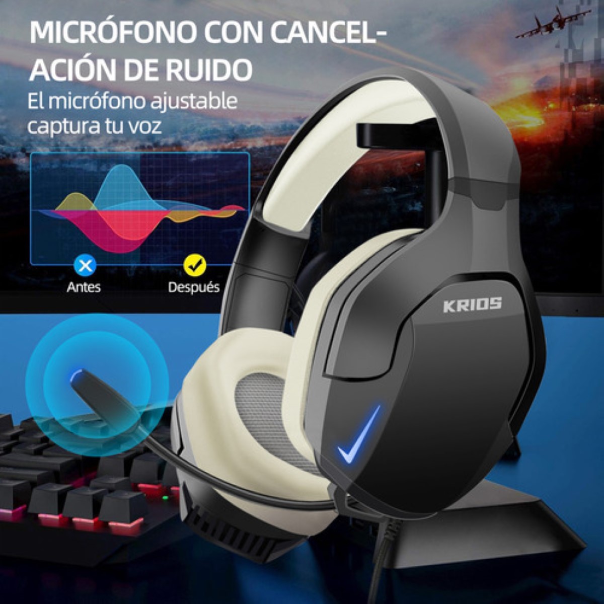 Audífonos Gamer Para Xbox Pc K10 Con Microfono y Led Rgb Color Negro/Beige