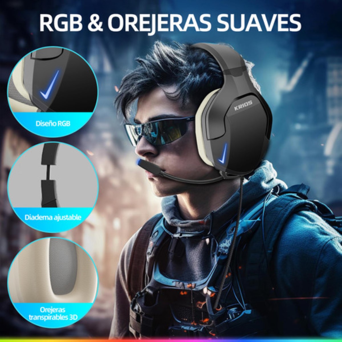 Audífonos Gamer Para Xbox Pc K10 Con Microfono y Led Rgb Color Negro/Beige